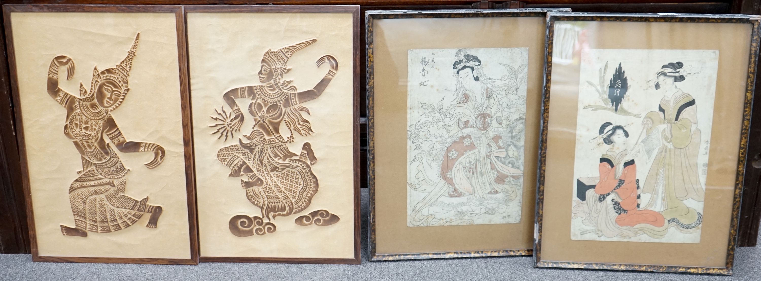 Japanese School, two woodblock prints, Woman with opium pipe and flower goddess, 38 x 25cm, and a pair of Siamese embossed paper pictures of dancers